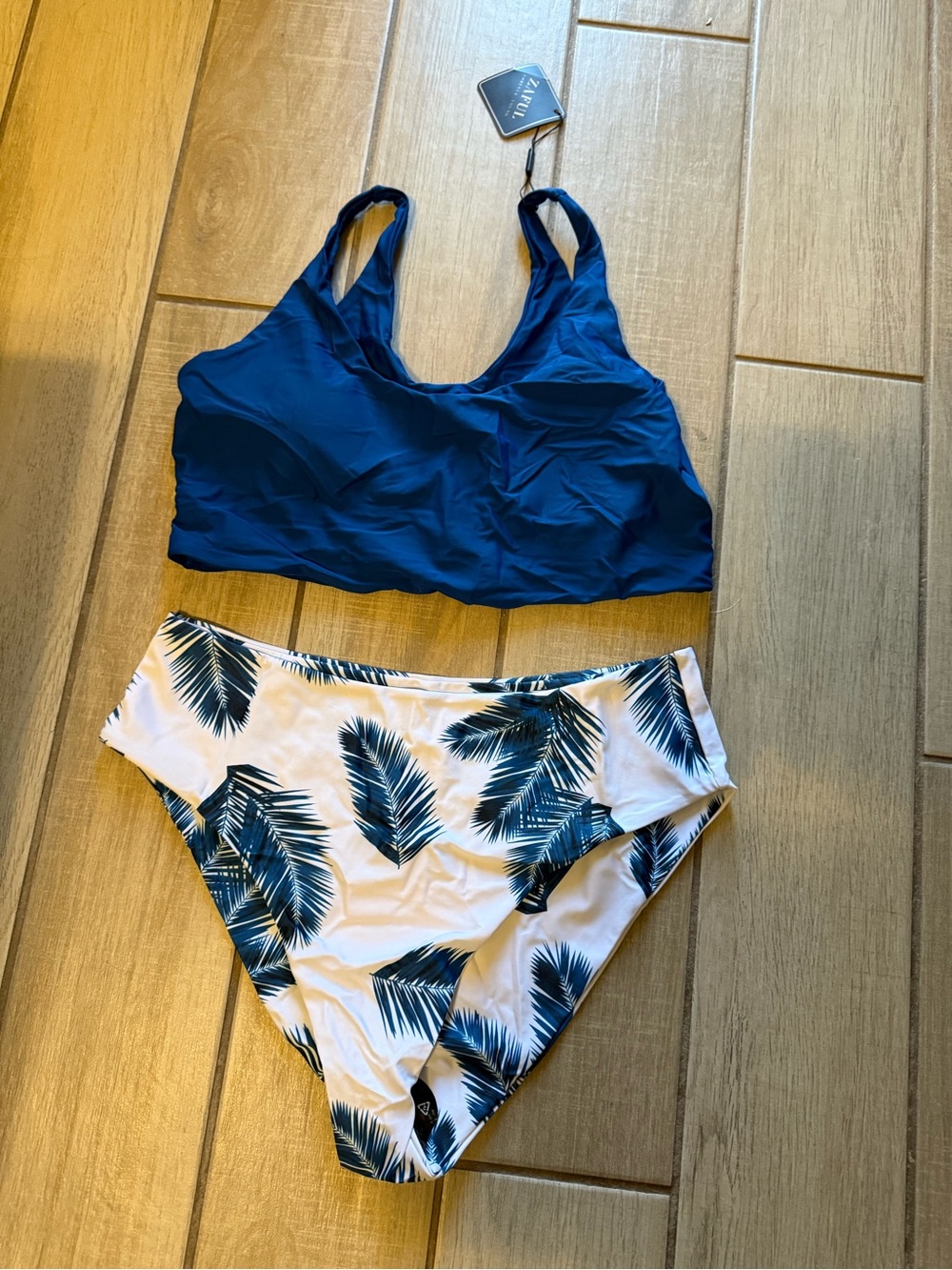 Lily Navy Scoop Bikini Top with White Palm-Print High-Waist Bottoms XXL NEW